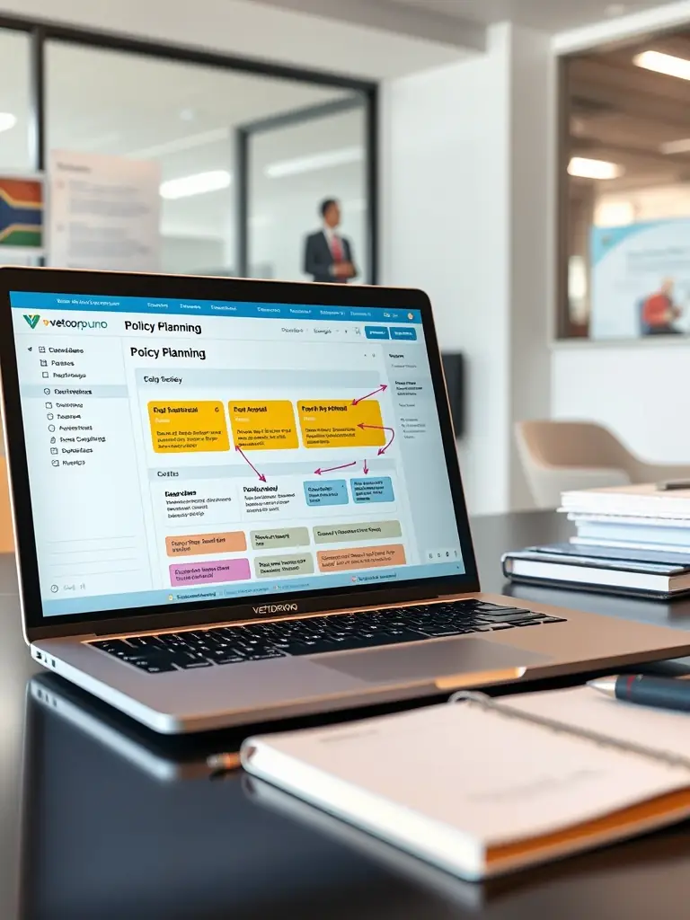 A visual tutorial showing the 'Policy Planning' module of vetodrop.uno, with annotations guiding users through the process of creating and evaluating policy options relevant to South Africa.