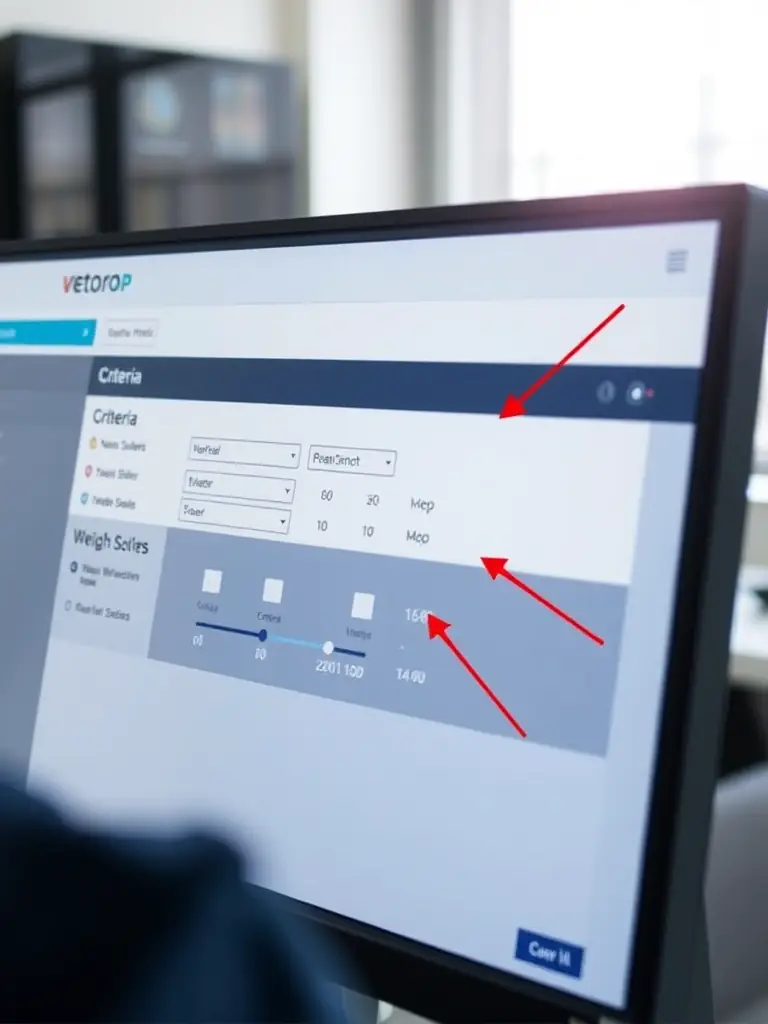 A screenshot demonstrating the decision matrix tool on vetodrop.uno, illustrating how to input criteria, assign weights, and evaluate options, with callouts explaining the scoring system.