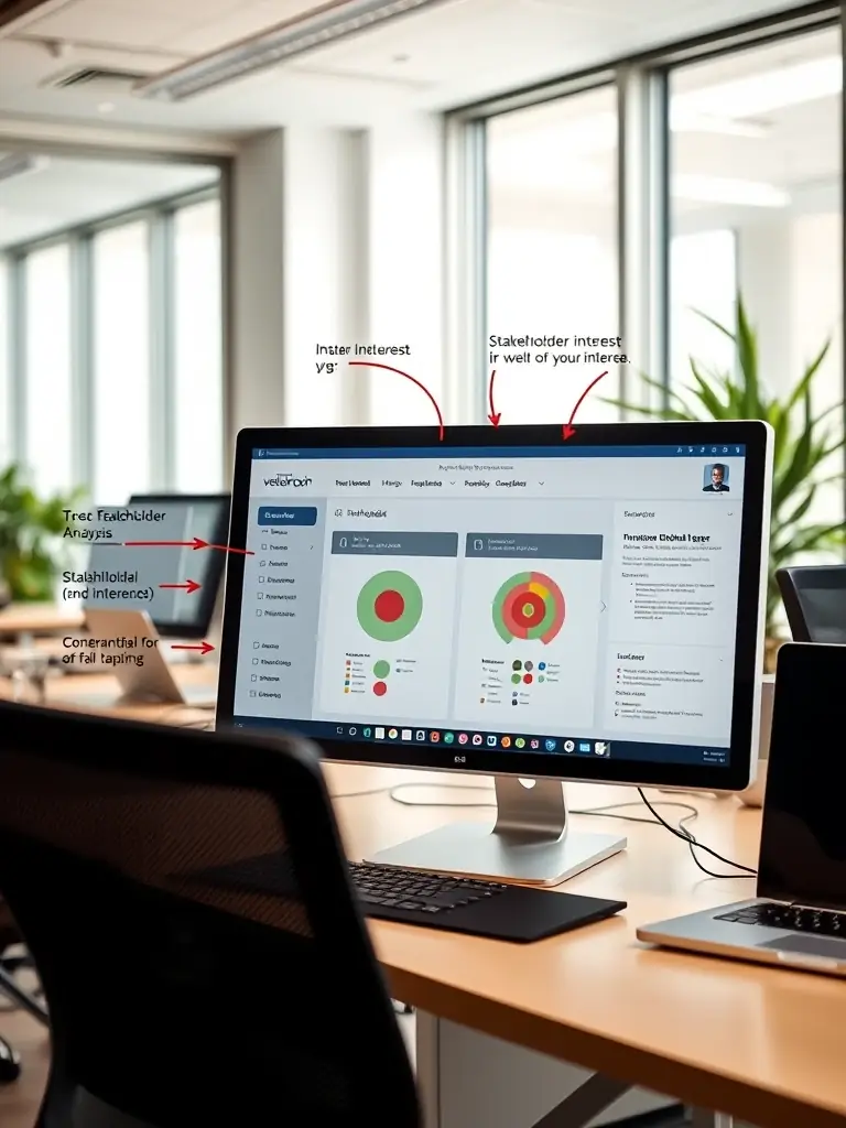 A screenshot of the stakeholder analysis tool on vetodrop.uno, illustrating how to map stakeholders, assess their influence and interest, and develop communication plans.