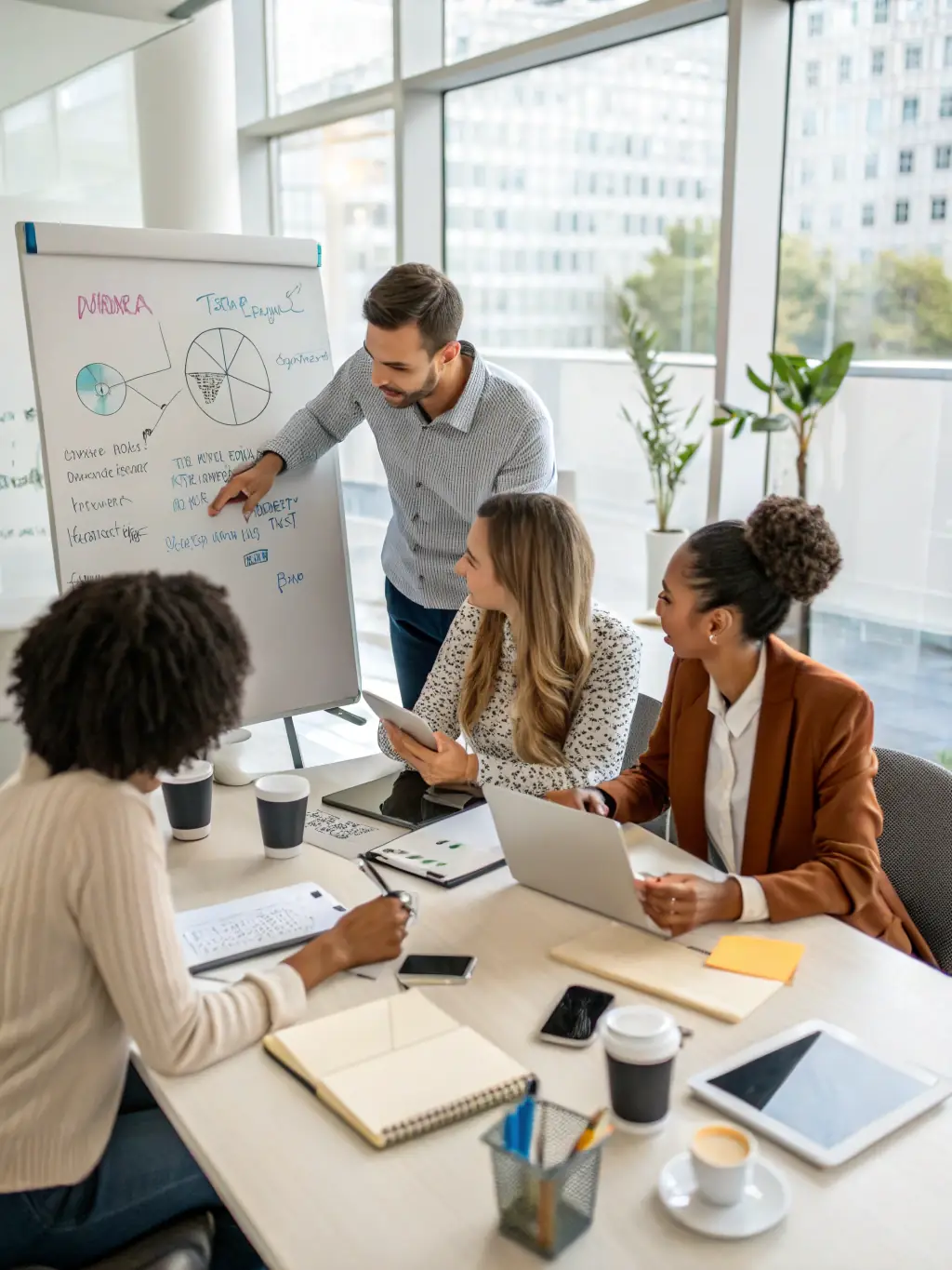 An illustration of a group of South African business people participating in a brainstorming session facilitated by vetodrop.uno's platform.