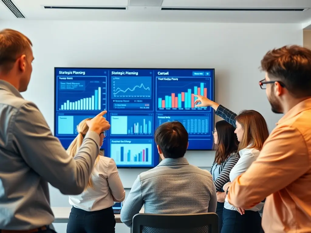 Image depicting a collaborative decision-making session using vetodrop.uno's platform, highlighting team members working together on a strategic plan with data visualizations.