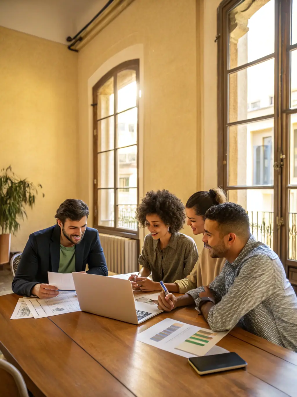 A professional photograph of a diverse team of South African professionals collaborating around a digital display showcasing a decision matrix.
