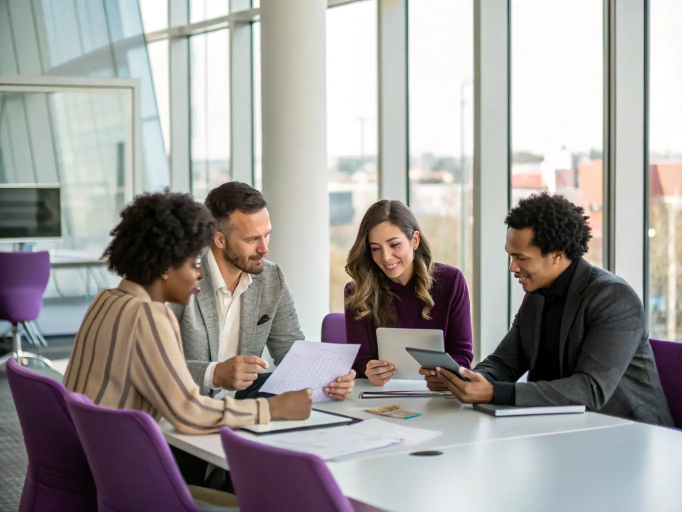 A diverse group of South African business professionals are engaged in a lively discussion around a table, reviewing data visualizations on a large screen, representing a collaborative decision-making process facilitated by vetodrop.uno.